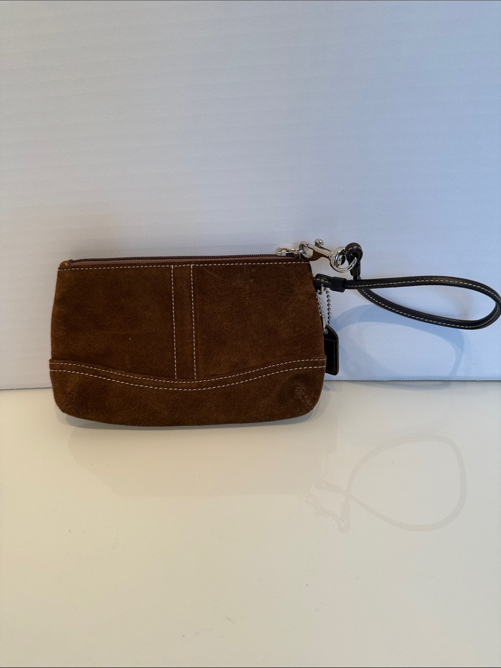 Coach Brown Suede Wristlet with Black Strap
